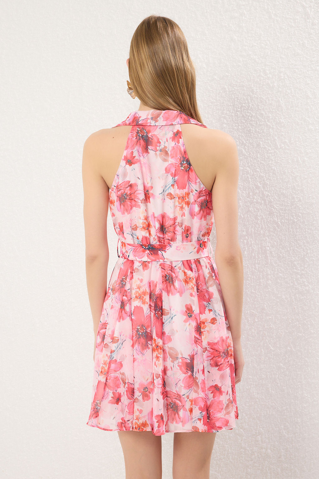 Trendyolmilla Pembe Kemerli Etegi Belden Ac?lan Cicekli Mini Dokuma Elbise TWOSS25EL00443  фото 4