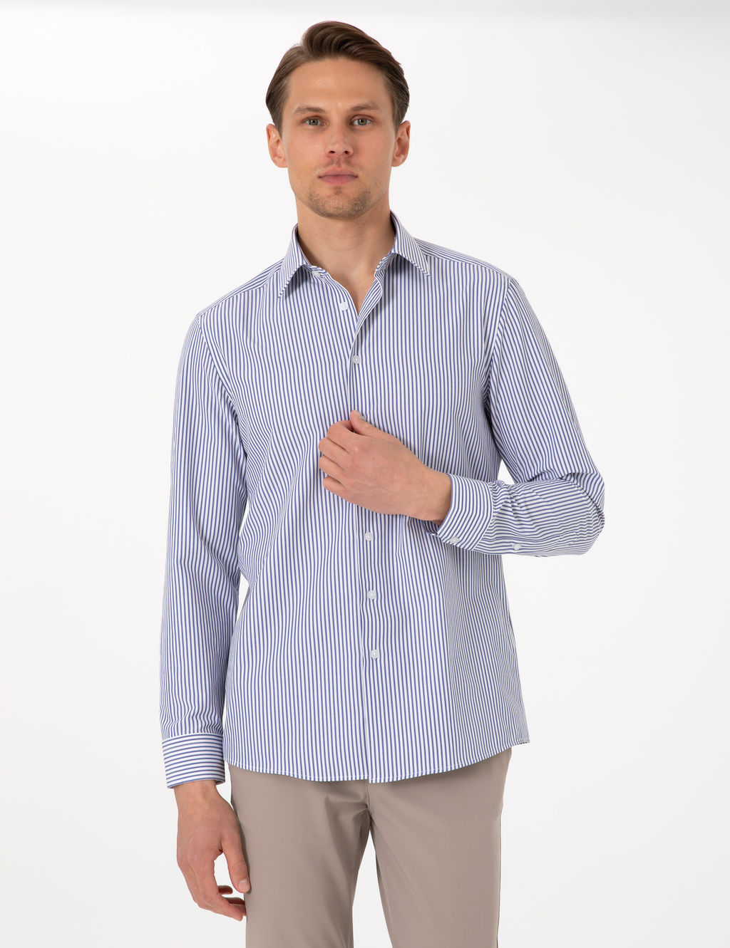 Mavi Slim Fit _izgili Uzun Kollu G_mlek