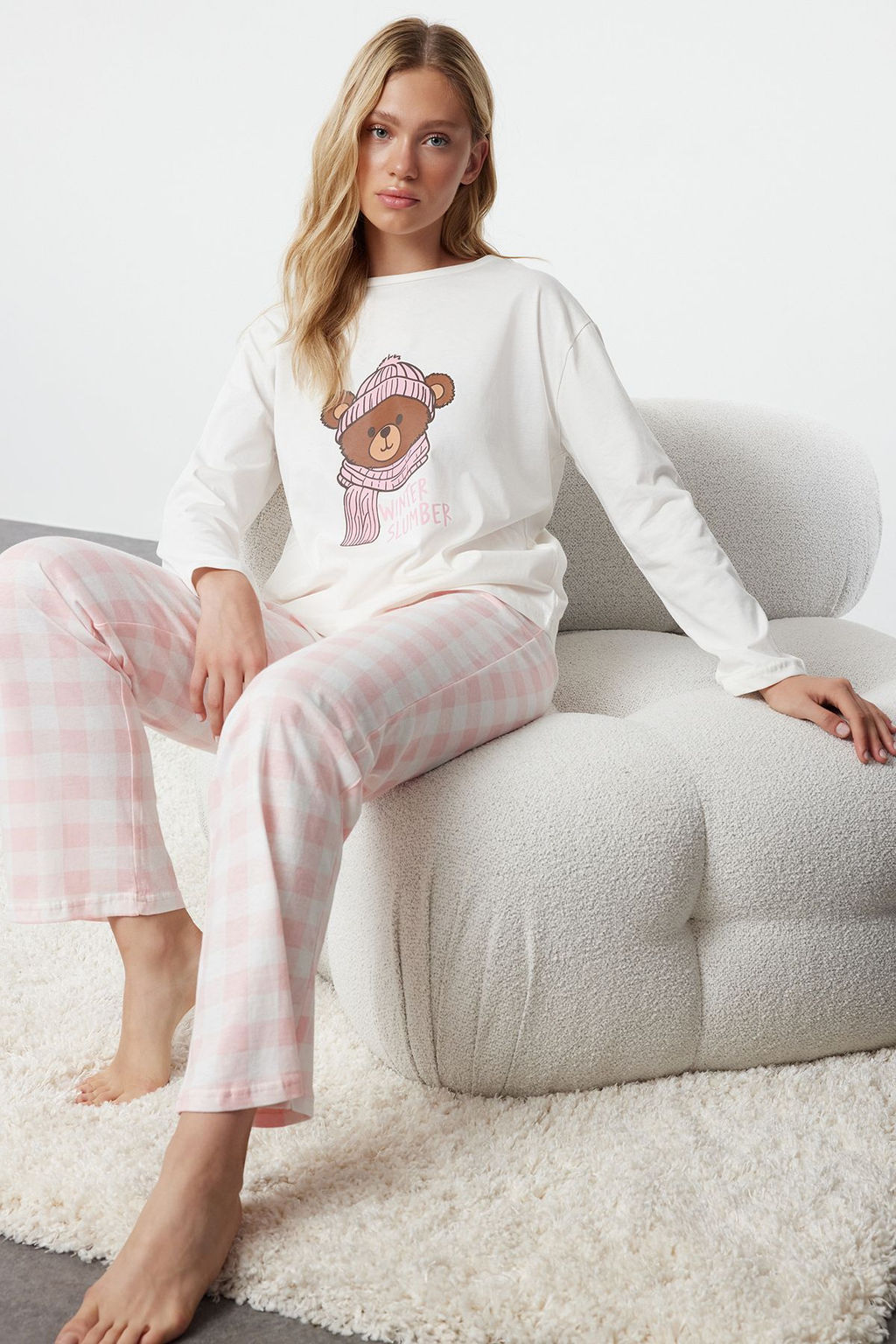 Trendyolmilla Siyah %100 Pamuklu Ay?c?kl? Ekoseli Orme Pijama Tak?m? THMAW25PT00088  фото 2