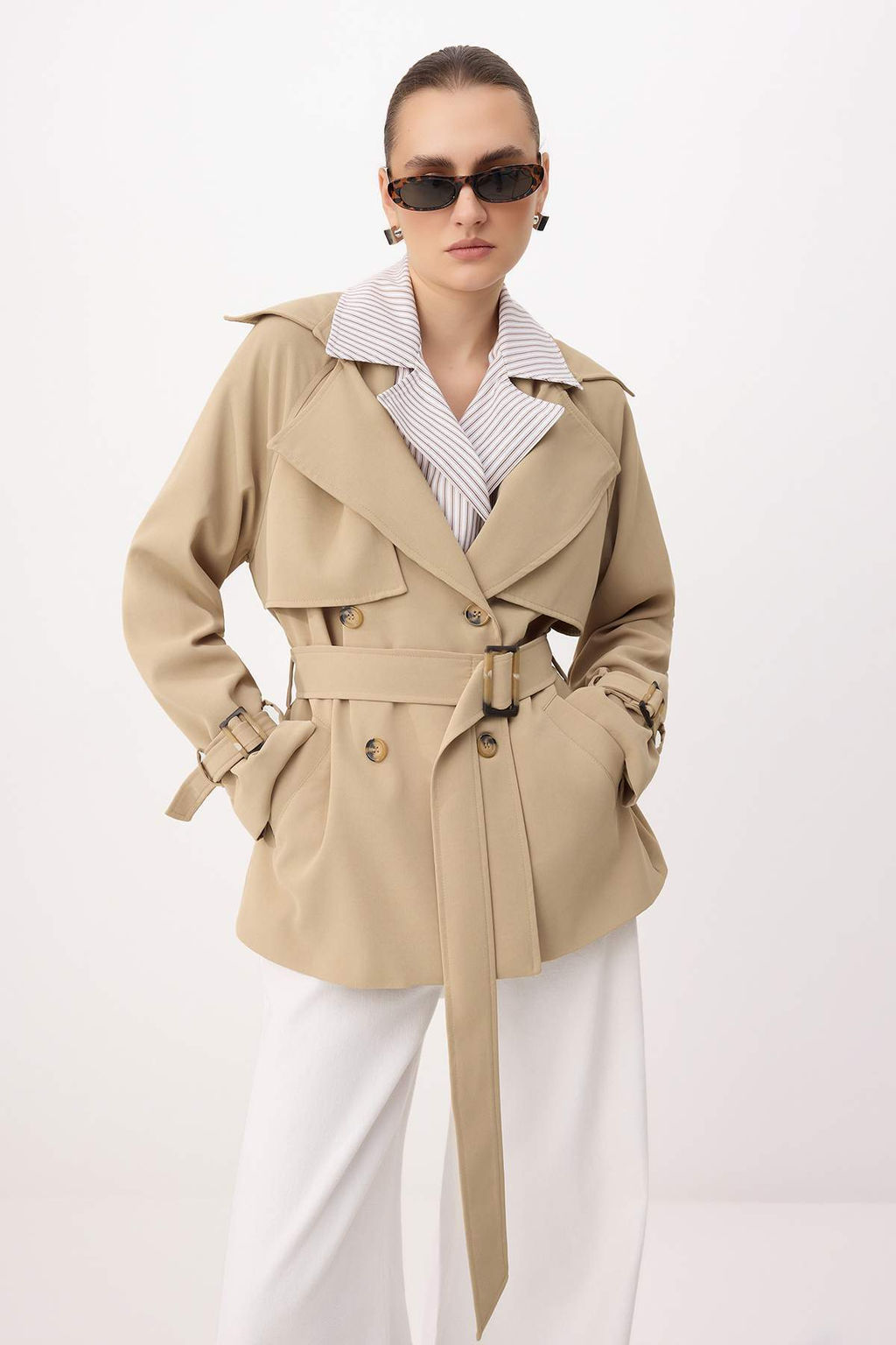 Bej Cizgili Gomlek Yaka Detayl? Kruvaze Kapama Midi Trenckot TWOSS26TR00005 - Trendyolmilla фото 3