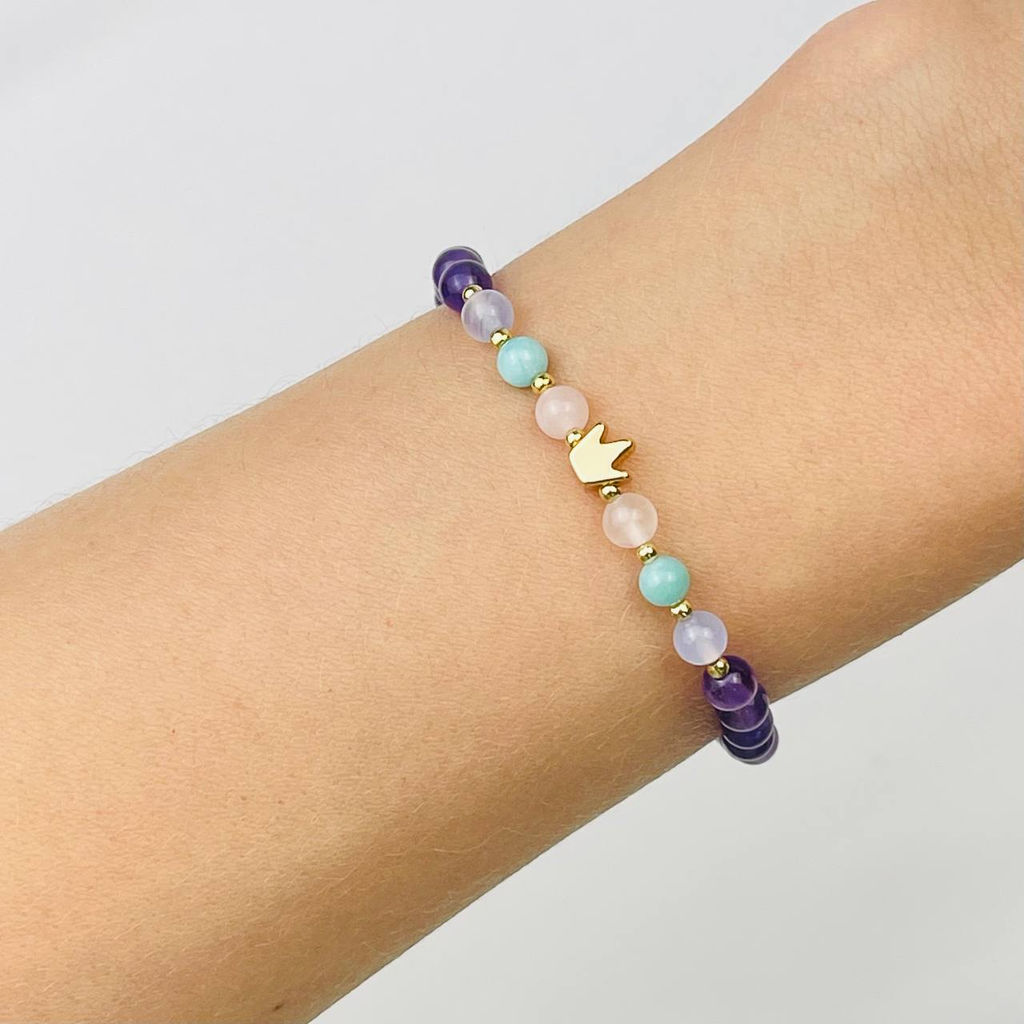 Браслет детский из Аметиста,Розового Кварца,Амазонита и Агата со вставкой "Корона" 16,5 см