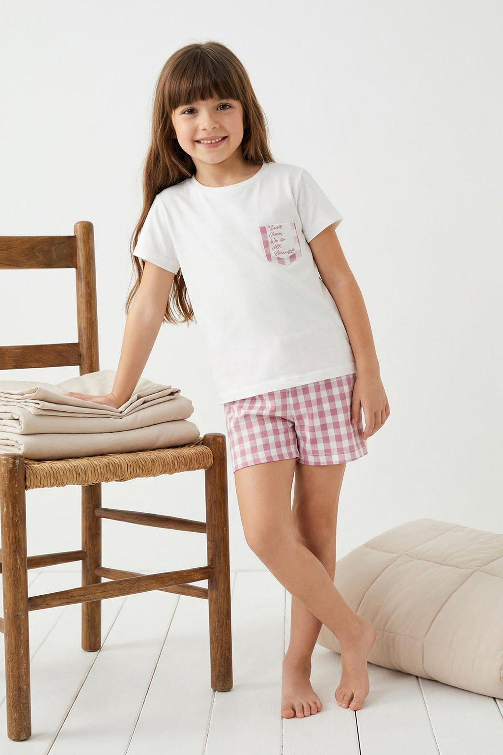Ekru K?z Cocuk Ekoseli K?sa Kol Sortlu Orme Pijama Tak?m? TKDSS25PT00034 - Trendyolmilla фото 4