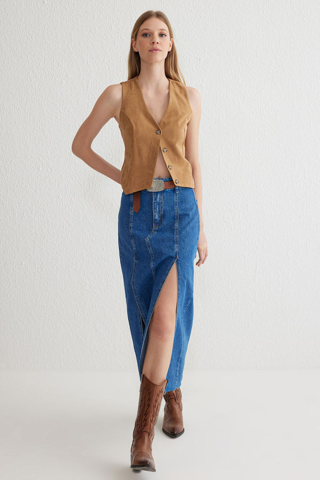 TRENDYOLMILLA Mavi Y?rtmacl? Dikis Detayl? Midi Denim Etek TWOSS25ET00001  фото 3