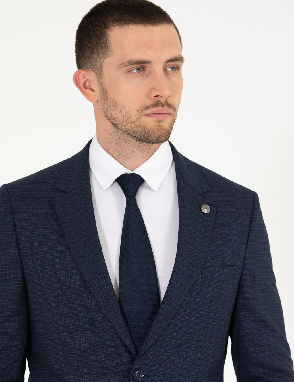 Ekose Lacivert Slim Fit Tak_m Elbise