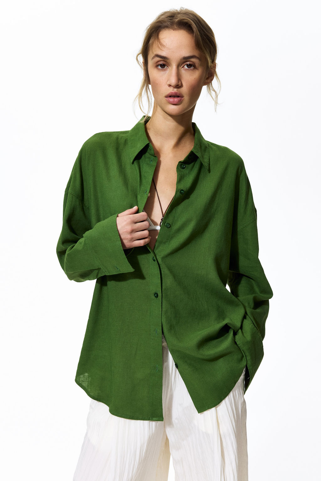 Camisa oversize en mezcla de lino - H&m фото 8