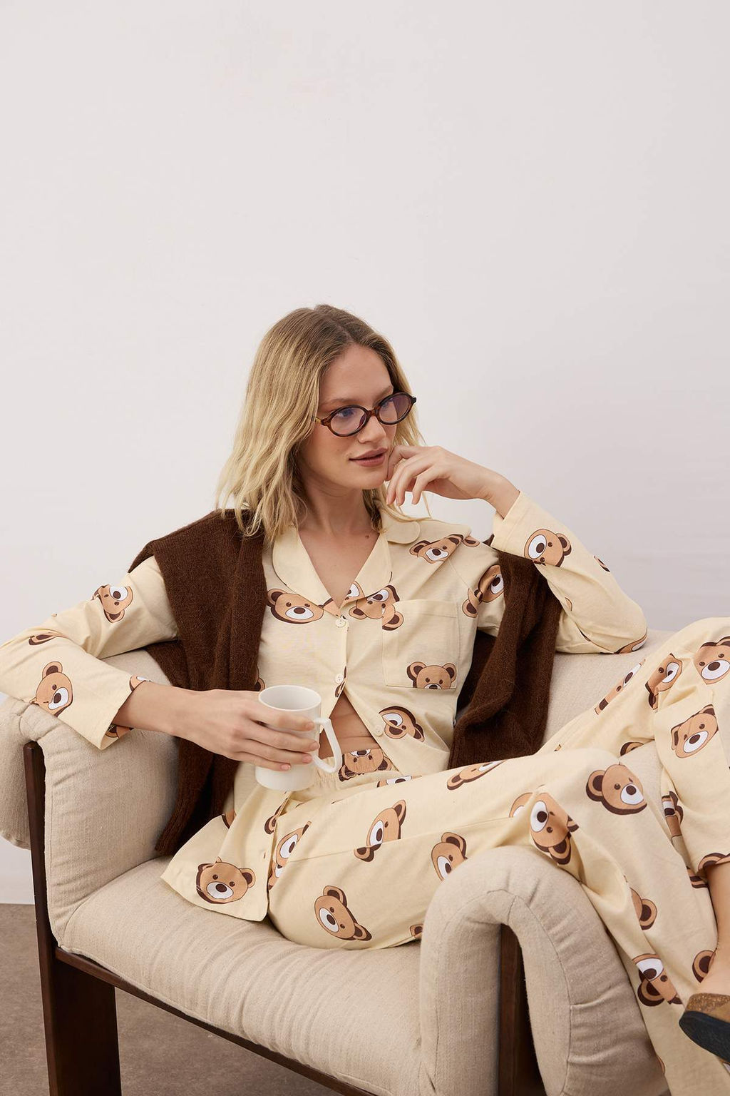 Trendyolmilla Ekru %100 Pamuklu Ay?c?kl? Gomlek-Pantolon Orme Pijama Tak?m? THMAW24PT00002  фото 34