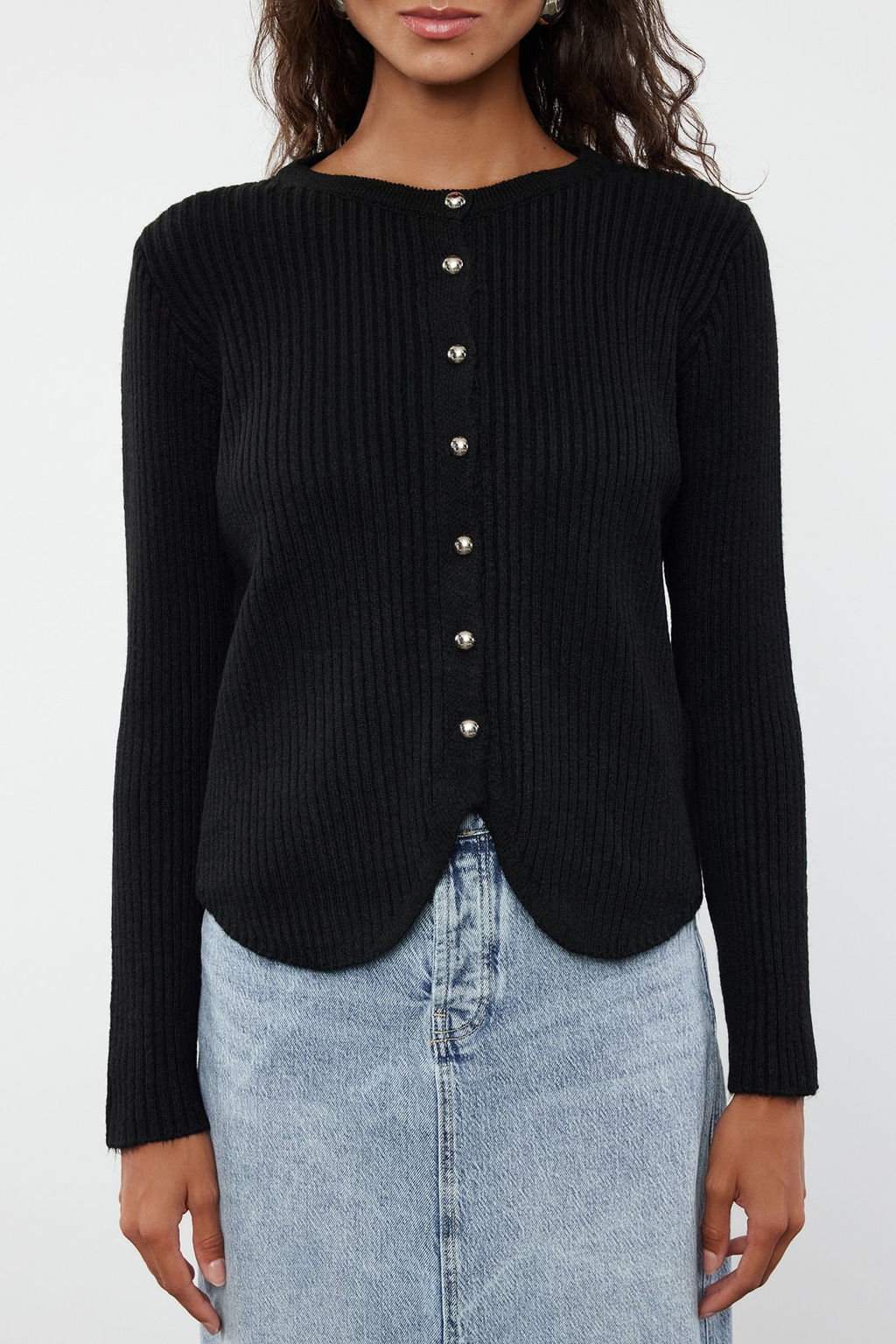 TRENDYOLMILLA Siyah Bisiklet Yaka Ceket Gorunumlu Triko H?rka TWOAW25HI00172  фото 3