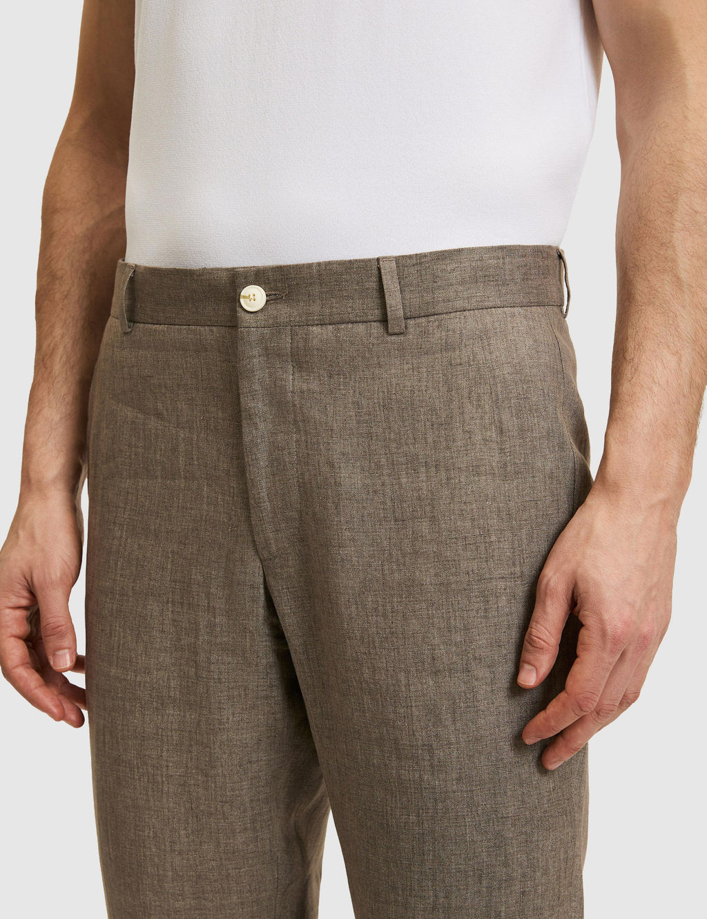 Kahverengi Slim Fit Beli Lastikli %100 Keten Pantolon