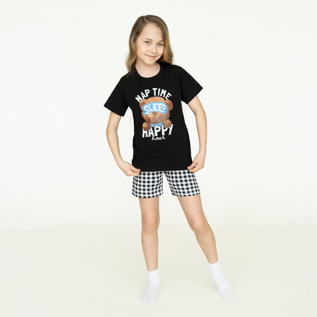 Пижама детская черная клетка спящий мишка