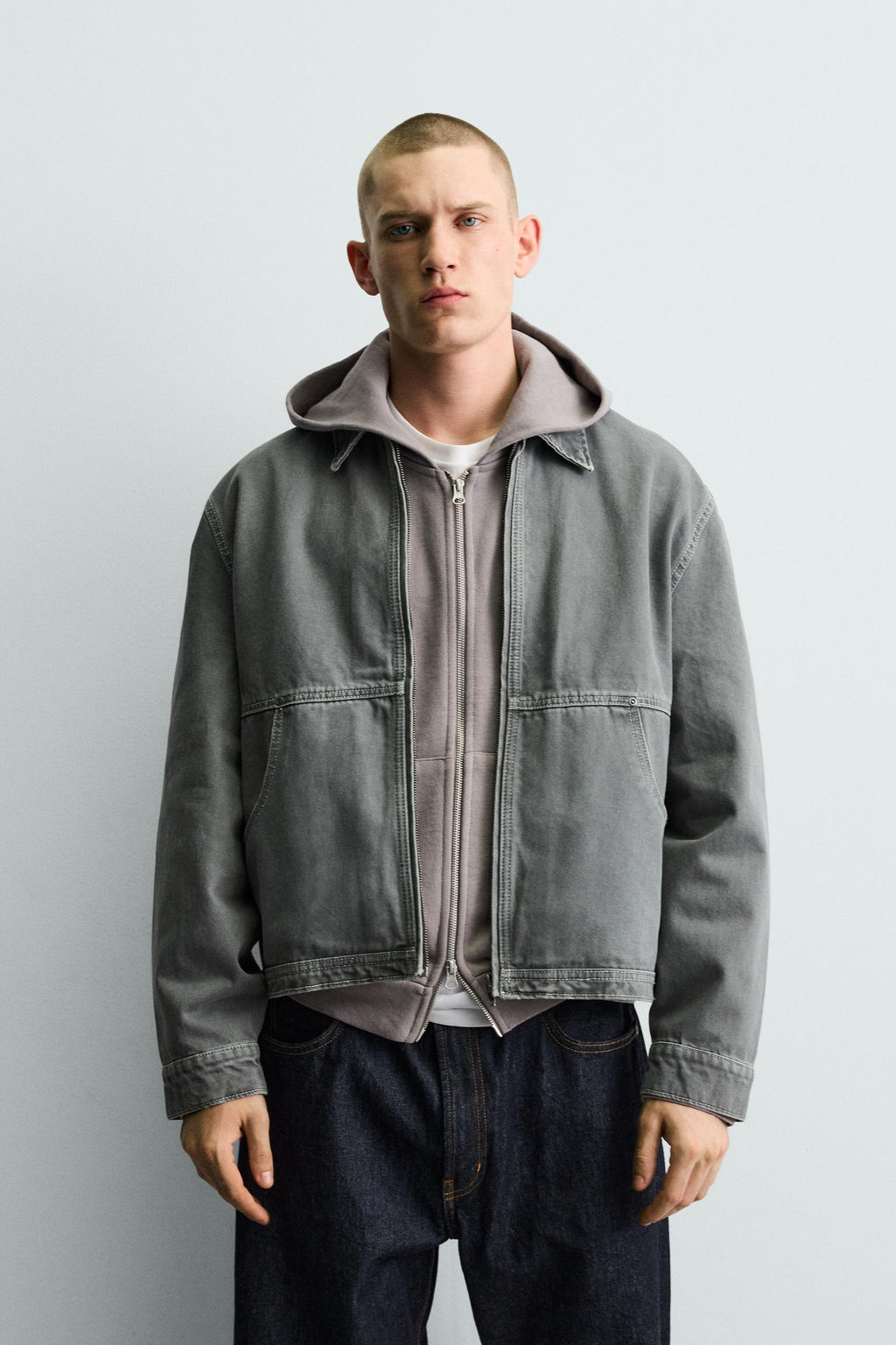 CAZADORA BOXY FIT PESPUNTES CONTRASTE / Verde gris - Zara фото 2