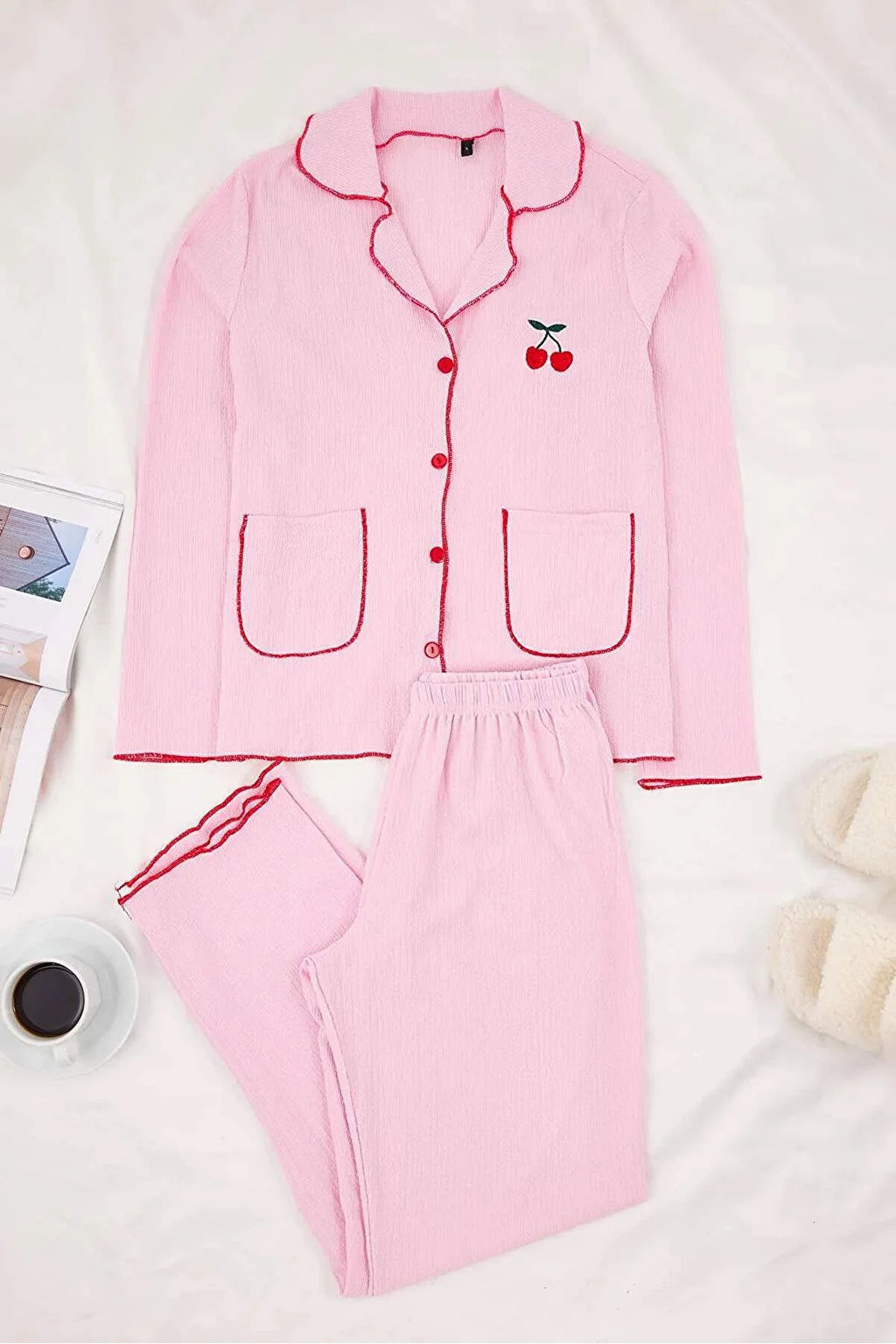 Pembe Kiraz Nak?sl? Cepli Baby Overloklu Burumcuk Dokulu Orme Pijama Tak?m? THMSS26PT00018 - Trendyolmilla фото 5