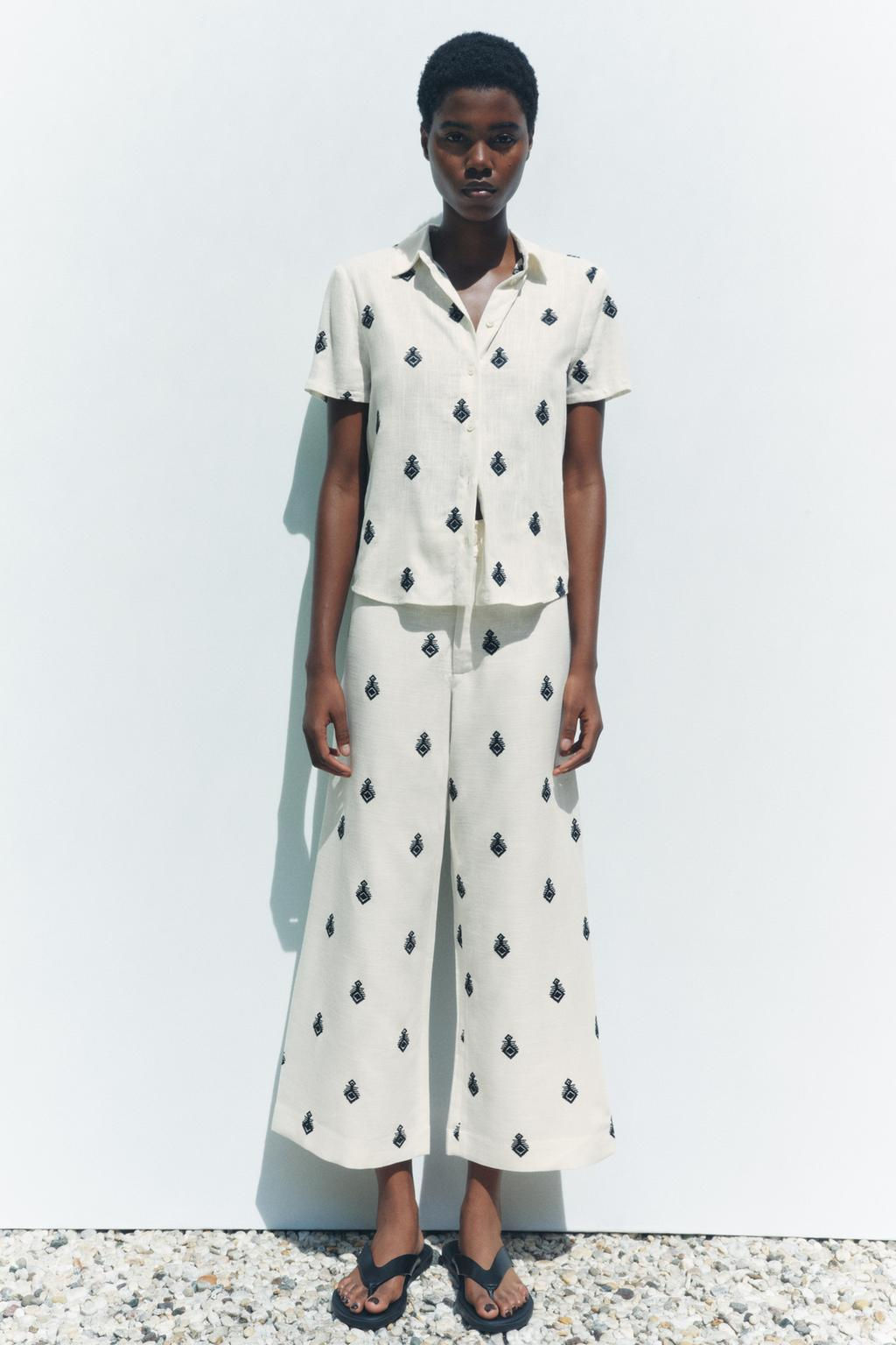 ZW COLLECTION CONTRAST EMBROIDERY CULOTTE TROUSERS - Zara фото 11