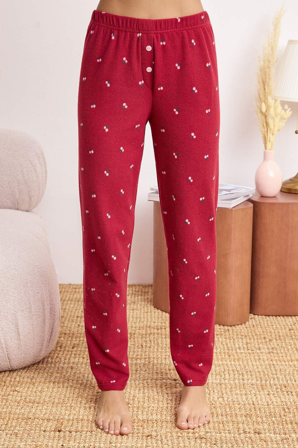 Ekru-K?rm?z? Kirazl? Fermuarl? Yumusak K?sl?k Waffle Orme Pijama Tak?m? THMAW26PT00186 - Trendyolmilla фото 29