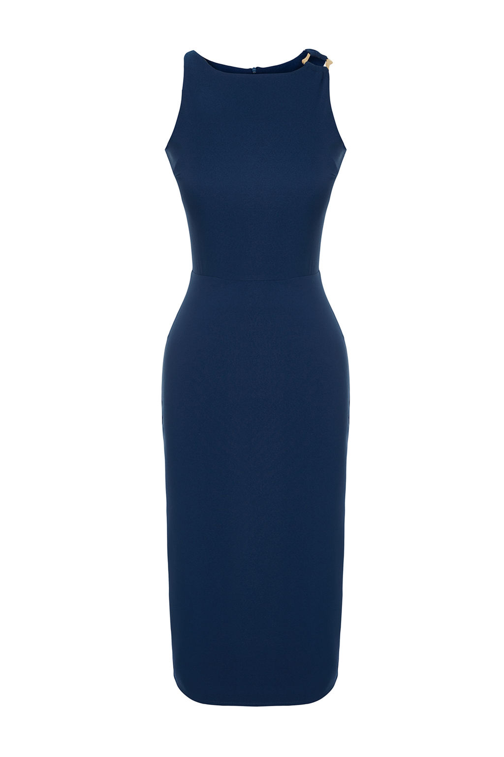 Petrol Vucuda Oturan Yakas? Aksesuar Detayl? Midi Kalem Etek Dokuma Elbise TWOSS23EL02115