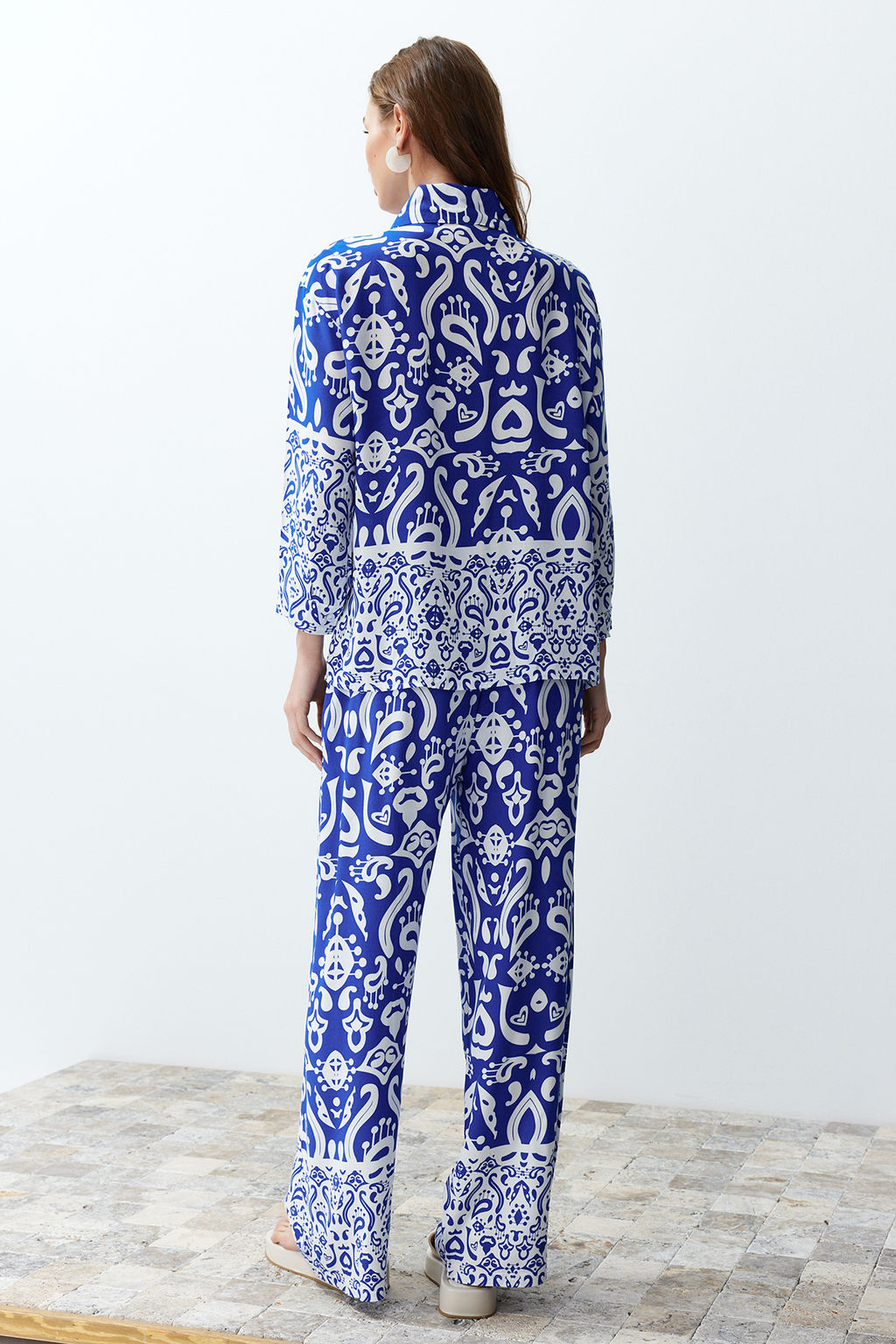 Mavi Zebra Desenli Dokuma Gomlek-Pantolon Tak?m TWOSS24AU00082