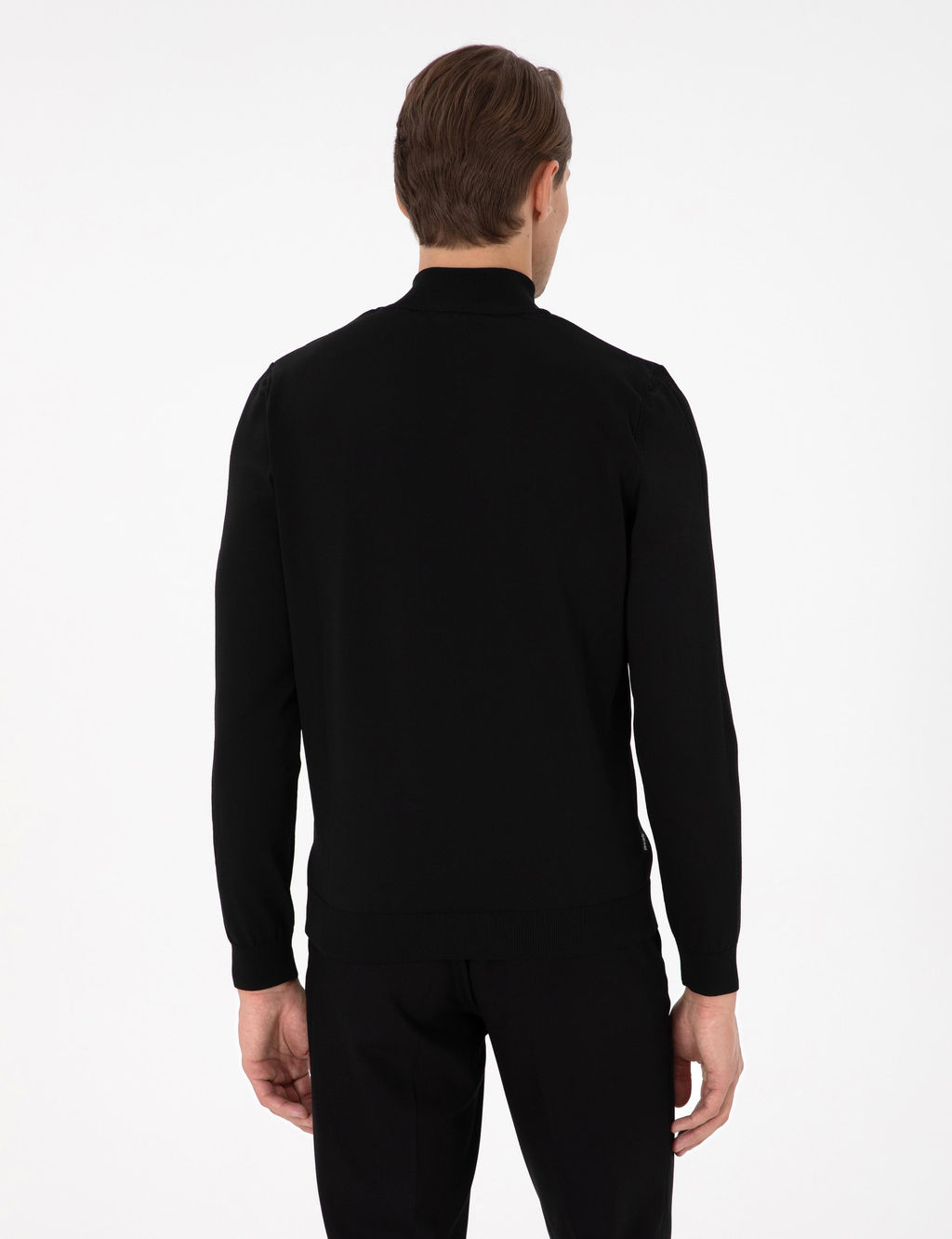 Siyah Slim Fit Fermuarl_ Dik Yaka Triko Kazak