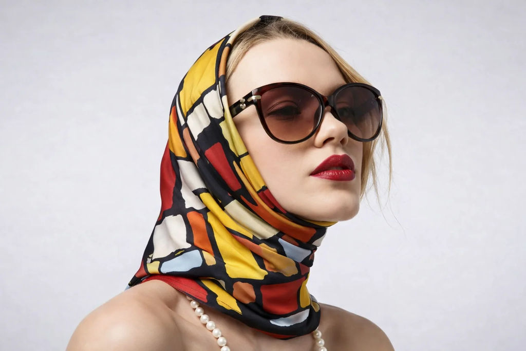 Платок шелковый на голову и шею весенний, мультицвет - Greta фото 2