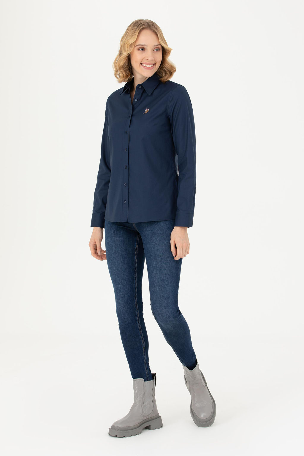 Женская базовая рубашка темно-синего цвета с длинным рукавом - U.s. polo assn фото 11