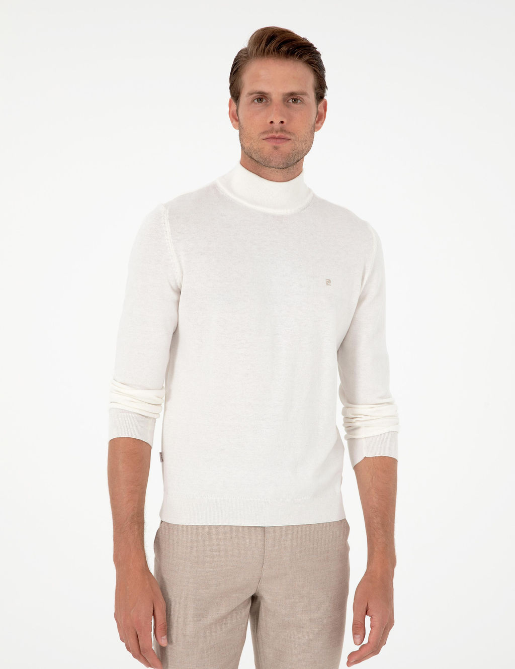 Ekru Slim Fit Yar_m Bal_k__ Yaka Basic Triko Kazak
