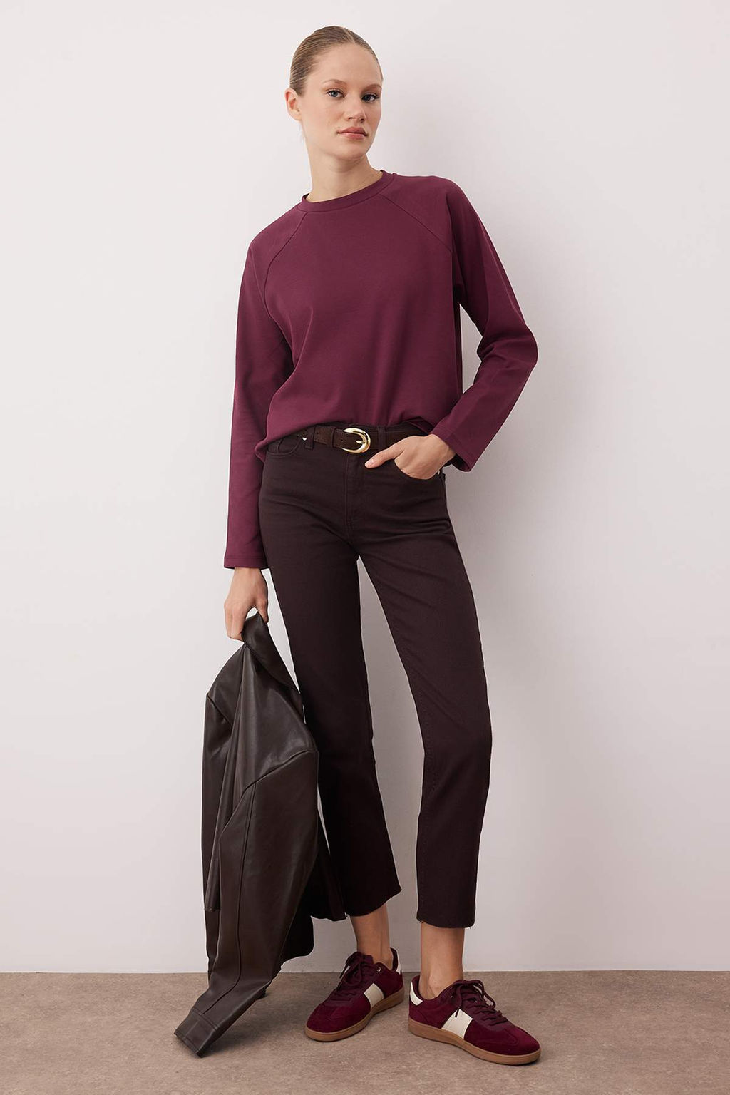 Ekru Relaxed/Boxy Fit Crop Uzun Kol Orme T-Shirt TWOAW26TS00022 - Trendyolmilla фото 6