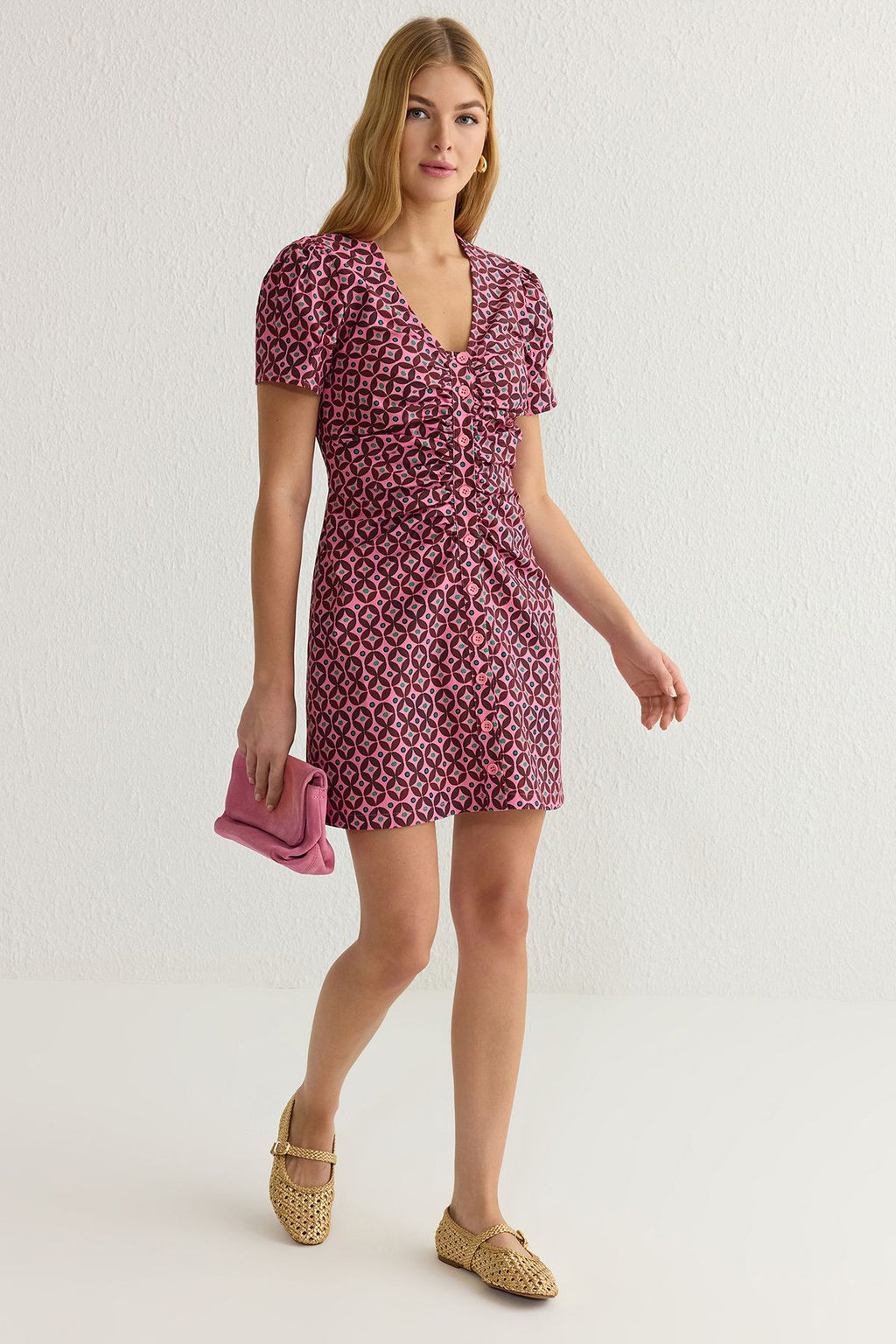 TRENDYOLMILLA Mor Retro Desenli Mini Dokuma Gomlek Elbise TWOSS25EL00080