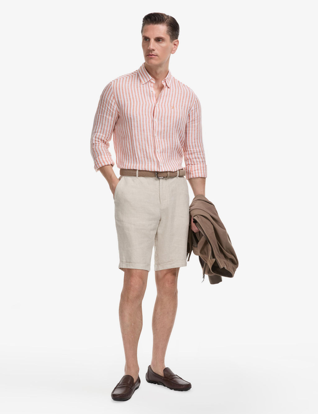 Turuncu Slim Fit %100 Keten Yakas_ D__meli _izgili G_mlek