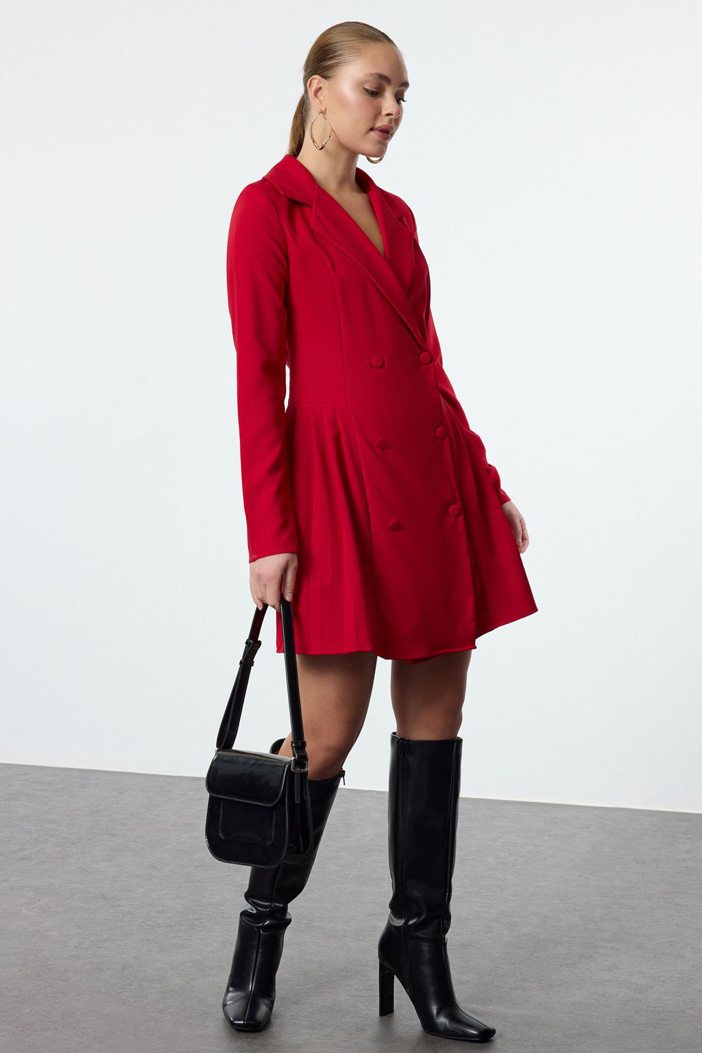 TRENDYOLMILLA K?rm?z? Piliseli Mini Dokuma Ceket Elbise TWOAW24EL00295