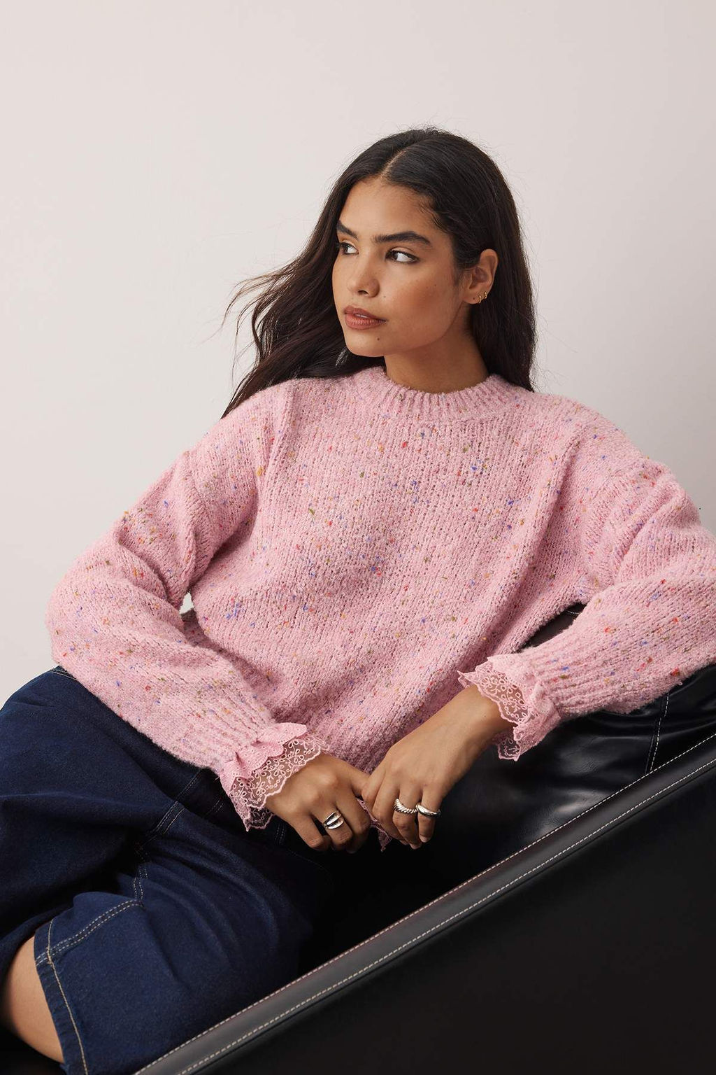 Pembe Nopeli Genis Kal?p Dantel Garnili Triko Kazak TWOAW26KZ00058