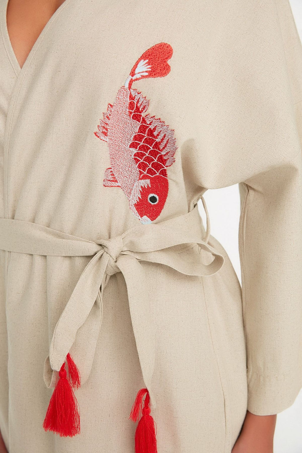 Mercan Kusakl? Maxi Dokuma Nak?sl? Keten Kar?s?ml? Plaj Kimono&Kaftan TBESS20KM0051