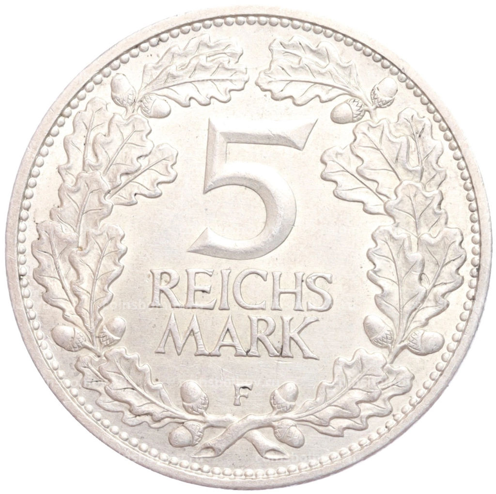 Монета 5 рейхсмарок 1925 года F Германия Тысячелетие Рейнской области (Рейнланда)