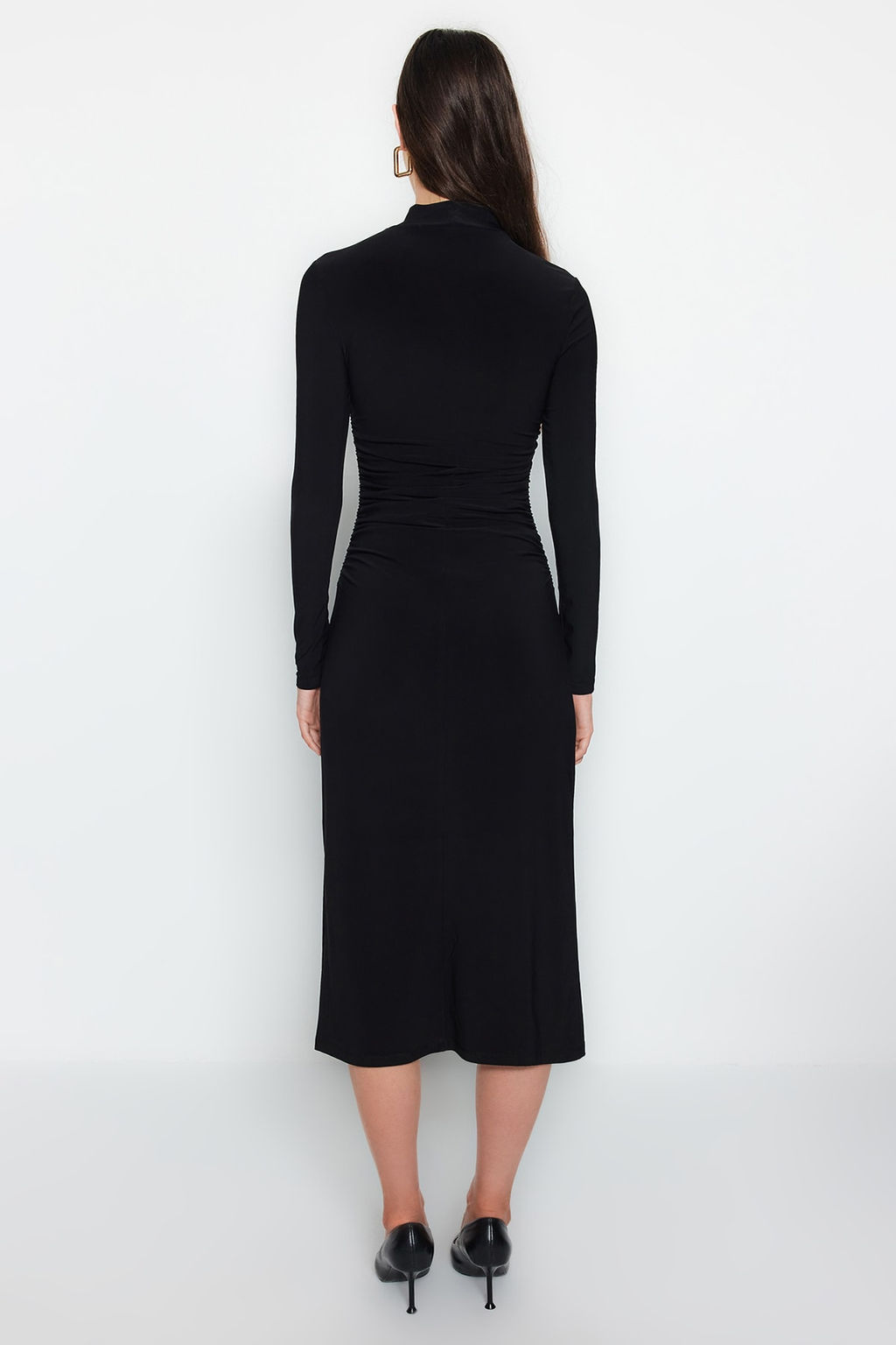 TRENDYOLMILLA Mavi Duz Drape Detayl? Dik Yaka A-Line Esnek Midi Orme Orme Elbise TWOAW24EL00133 фото 6