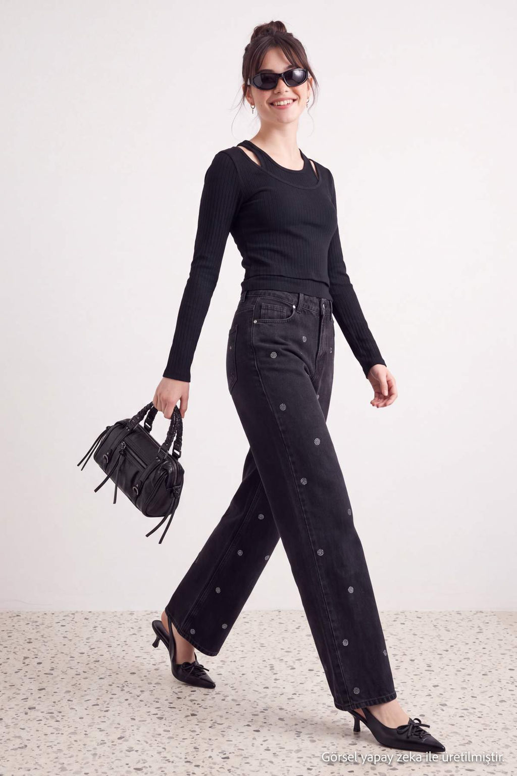 Siyah Ta_l_ Puantiye Desenli Y_ksek Bel Wide Leg Jeans TWOAW27JE00129 - Trendyolmilla фото 2