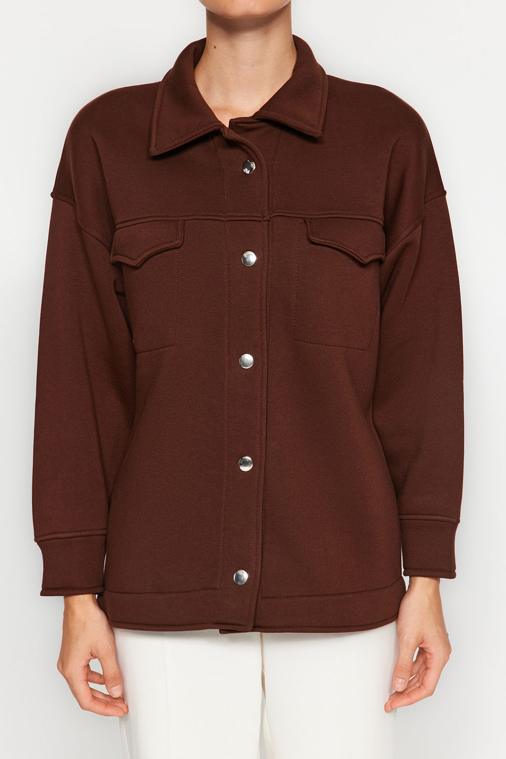 Kahverengi Oversize/Genis Kal?p Cepli ve Dugmeli Polo Yaka Ici Polarl? Orme Ceket TWOAW24CE00000 - Trendyolmilla фото 4