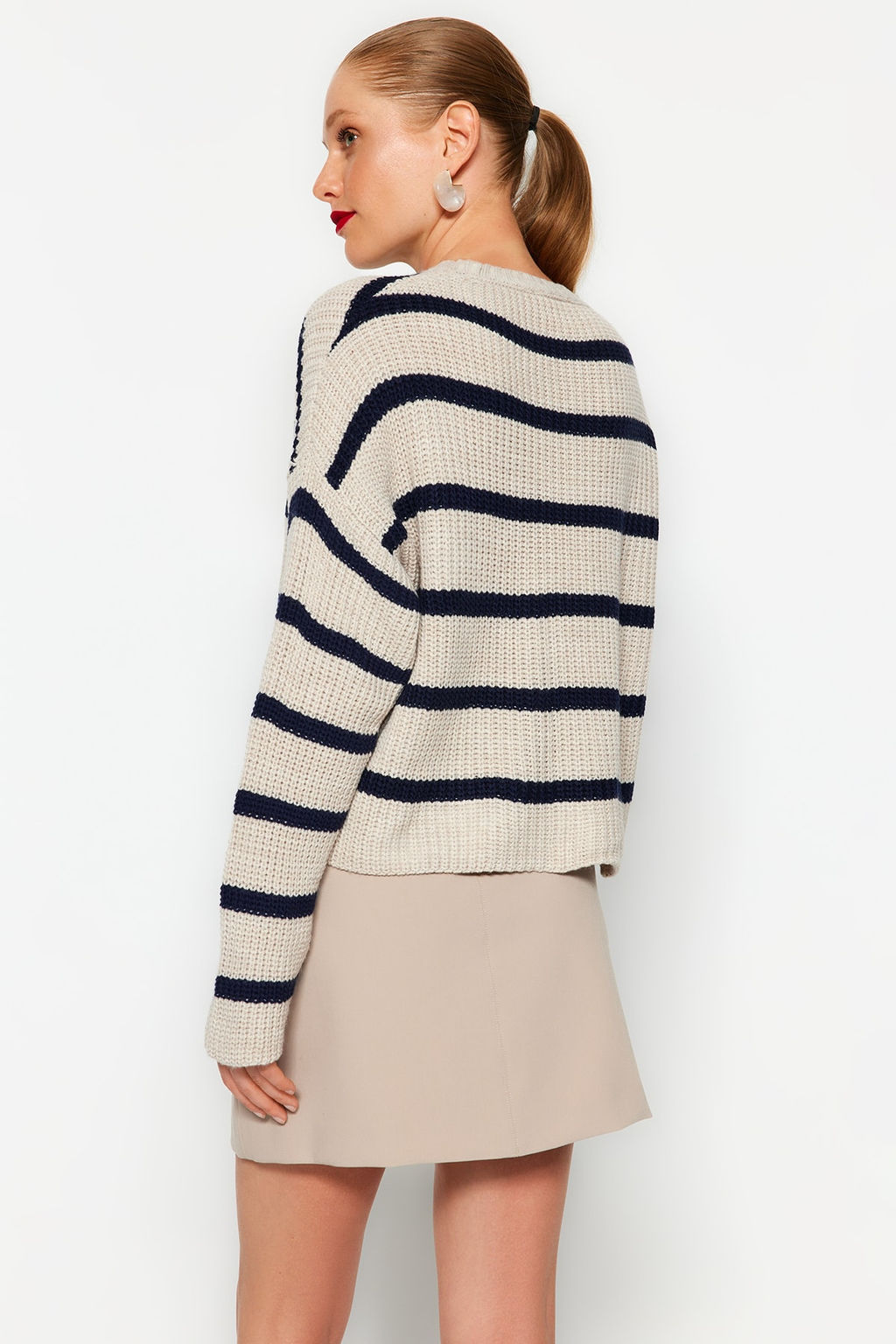Bej Crop Genis Kal?p Basic Cizgili Triko Kazak TWOAW23KZ00390