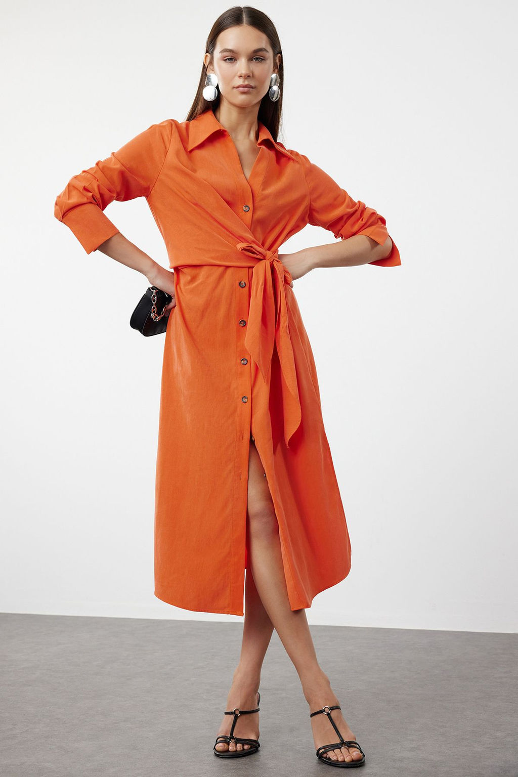 Kiremit Baglama Detayl? Midi Dokuma Gomlek Elbise TWOSS24EL01110 - Trendyolmilla фото 2