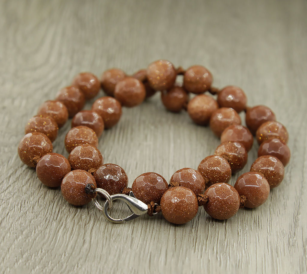 Авантюрин коричневый, круглые граненые 12мм, "Шарм" бусы длиной 53см