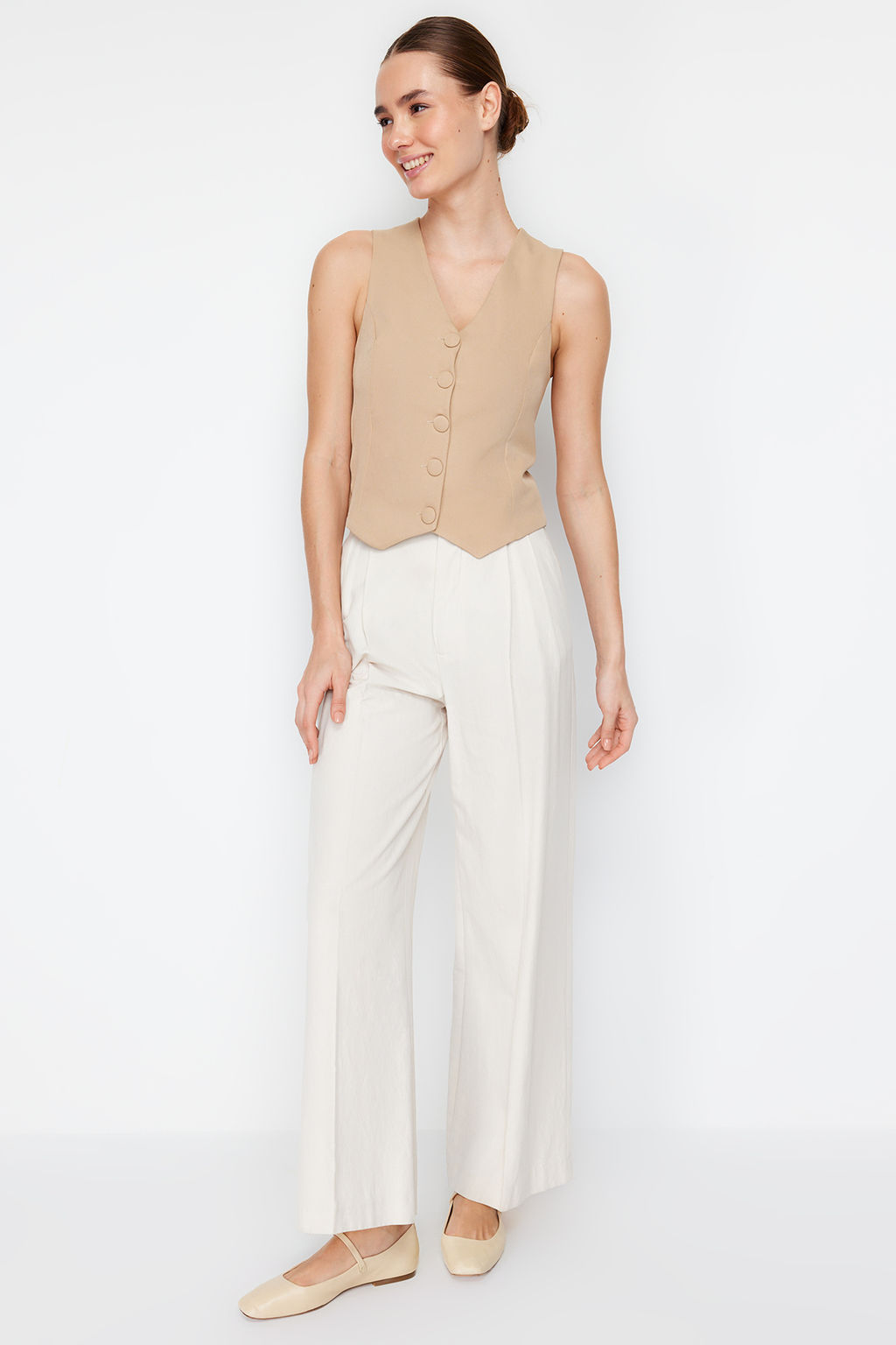 Vizon Fitted Dugmeli Crop Dokuma Yelek TWOSS21YE0009