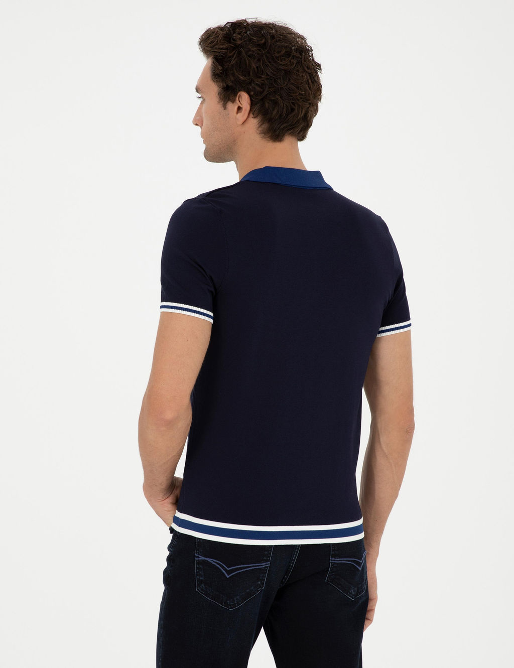Темно-синяя трикотажная футболка узкого кроя с воротником-поло - Cacharel фото 5