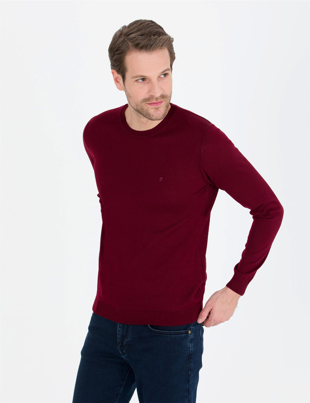 K_rm_z_ Slim Fit Bisiklet Yaka Y_n Kar___ml_ Basic Triko Kazak