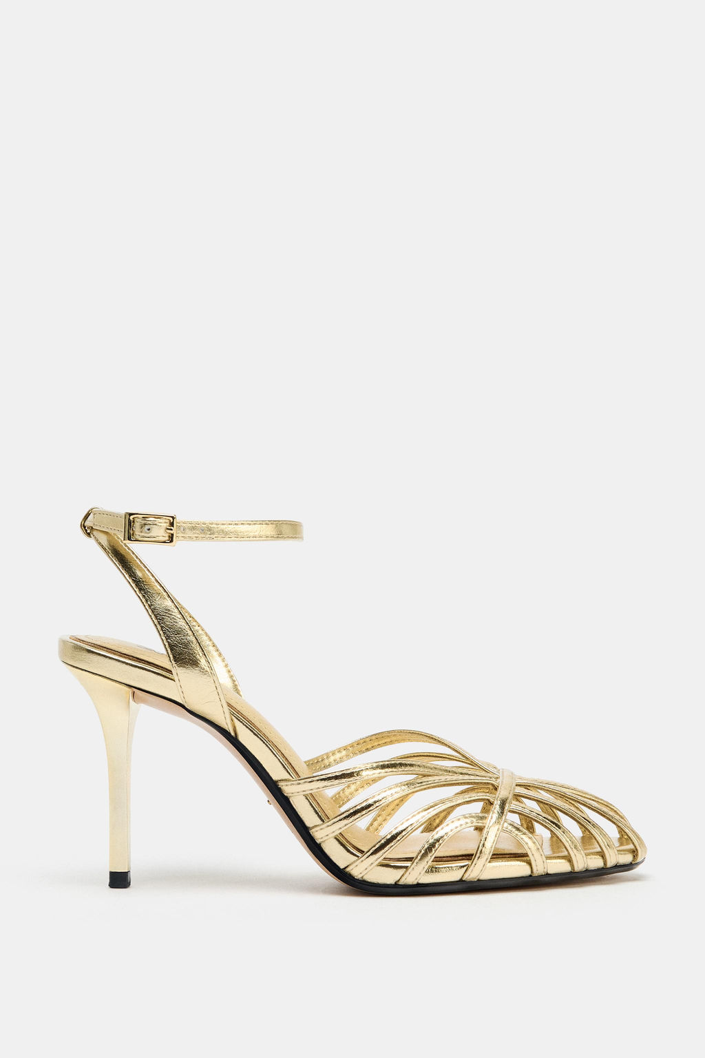 METALLIC HIGH-HEEL CAGE SANDALS