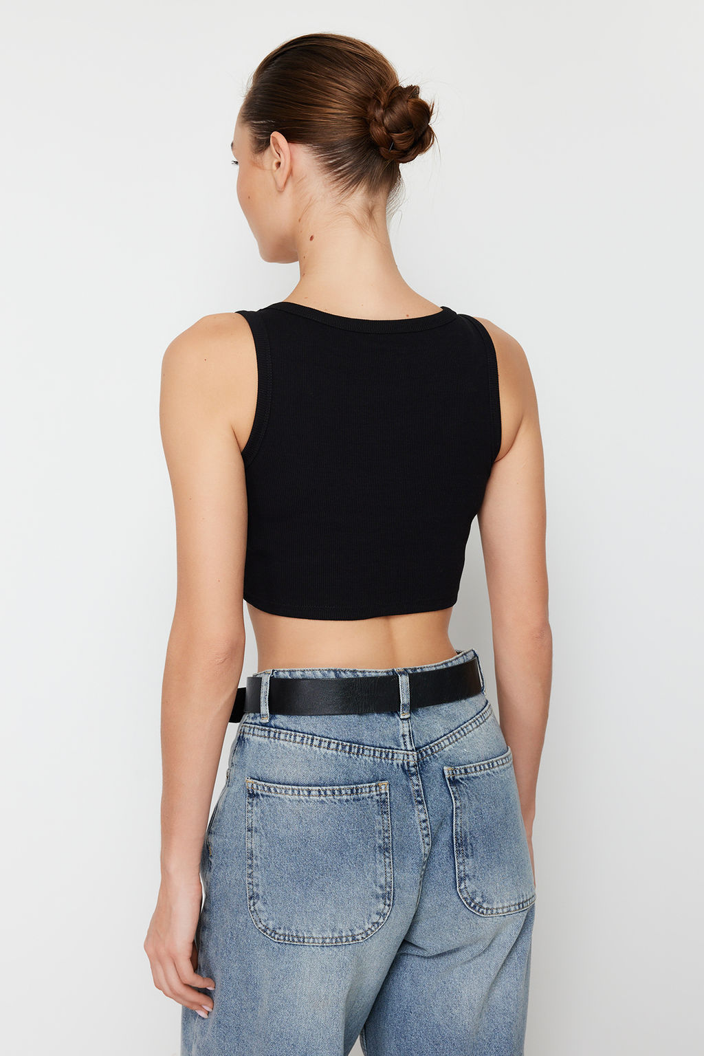 Siyah Ask?l? Super Crop Fitilli Esnek Orme Atlet TWOSS24AL00023