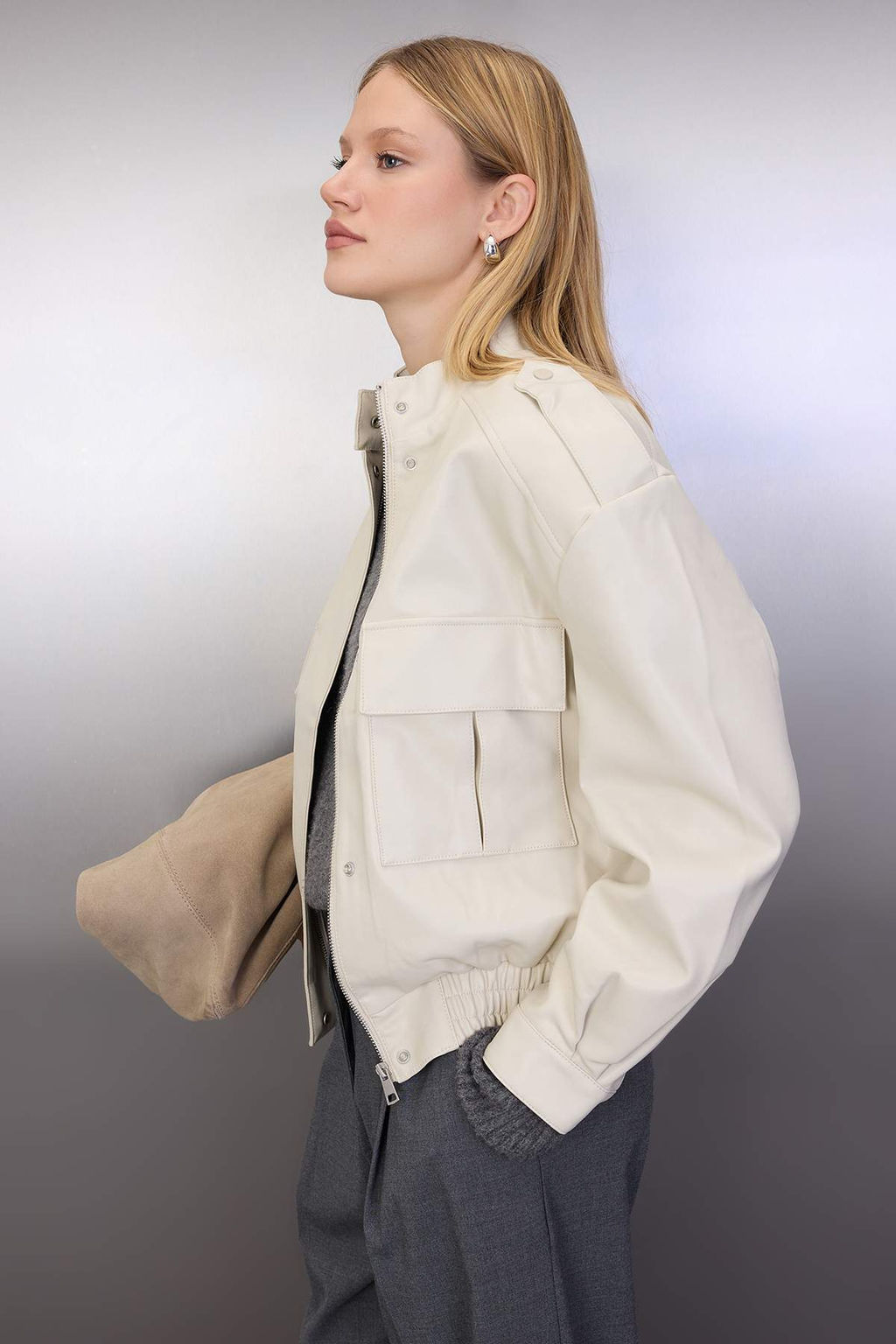 Ekru Oversize Kal?p Suni Deri Bomber Ince Ceket Mont TWOAW26MO00001 - Trendyolmilla фото 5