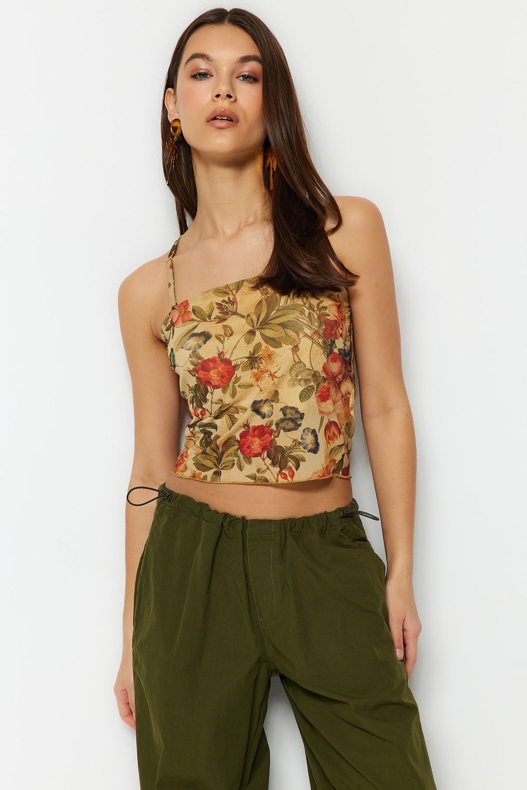 Cok Renkli Cicek Desenli Fitted/Vucuda Oturan Ask?l? Crop Astarl? Esnek Tul Orme Bluz TWOSS23BZ00710