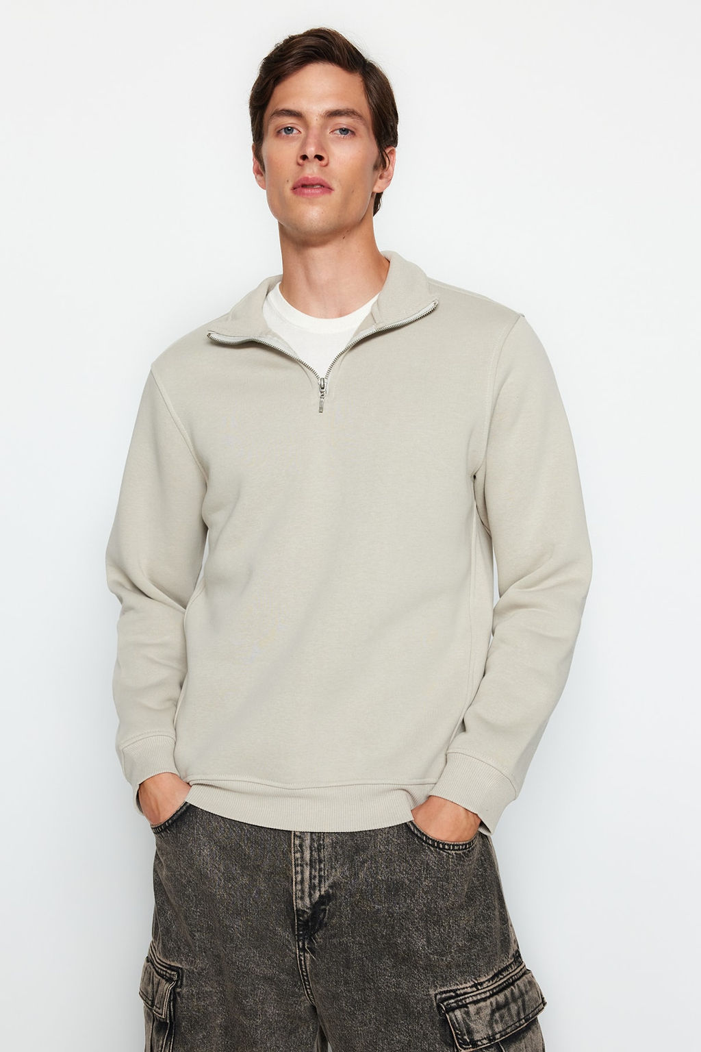 Tas Regular/Normal Kesim Dik Yaka Fermuarl? Pamuklu Basic Ici Polarl? Sweatshirt TMNAW24SW00041