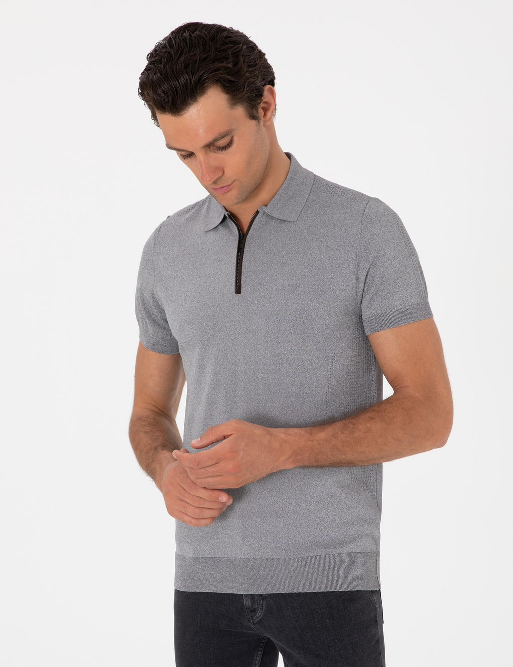 Gri Slim Fit Fermuarl_ Polo Yaka Triko T-shirt