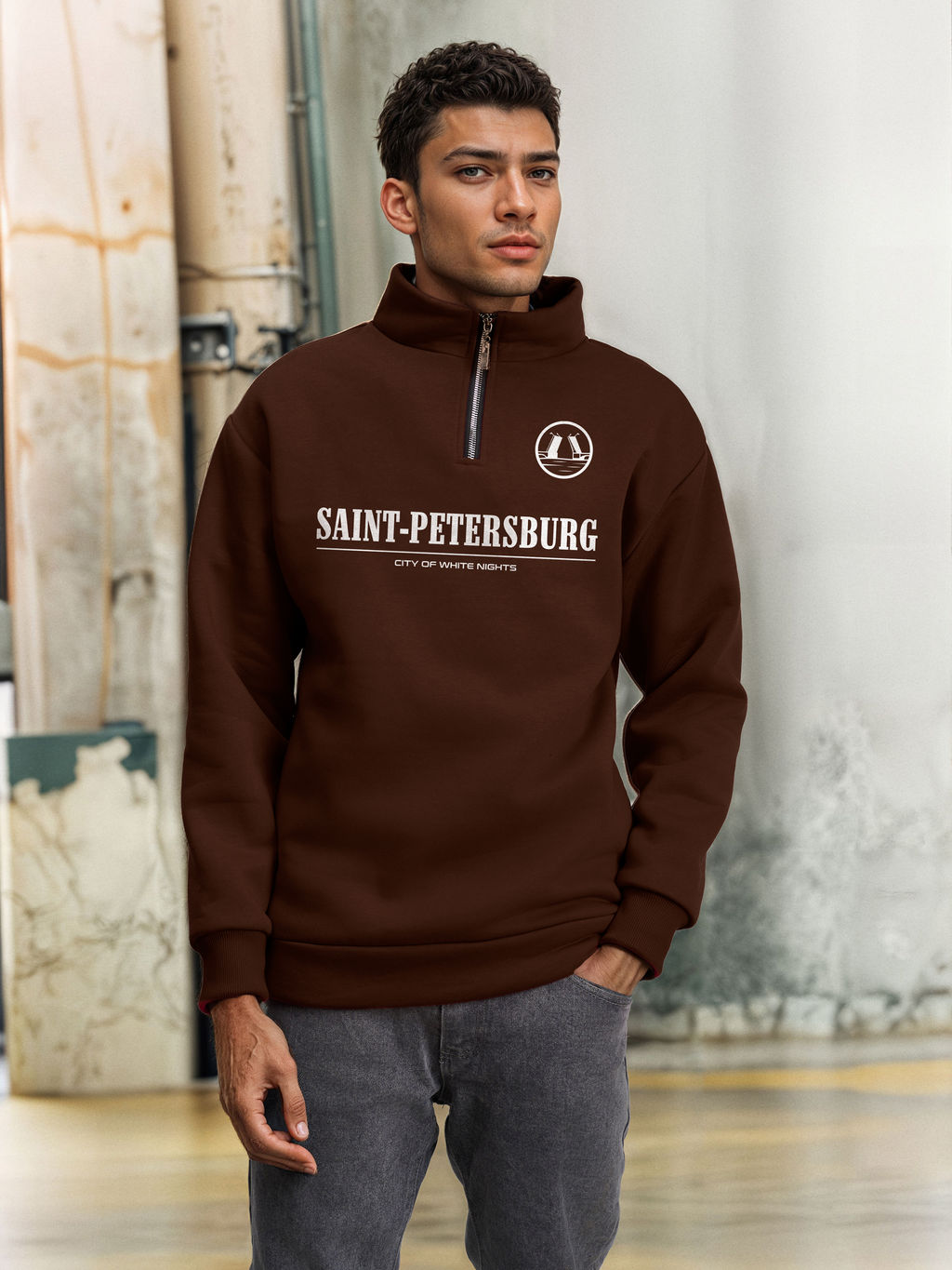 Толстовка мужская с зип-воротником "Saint Petersburg" коричневый