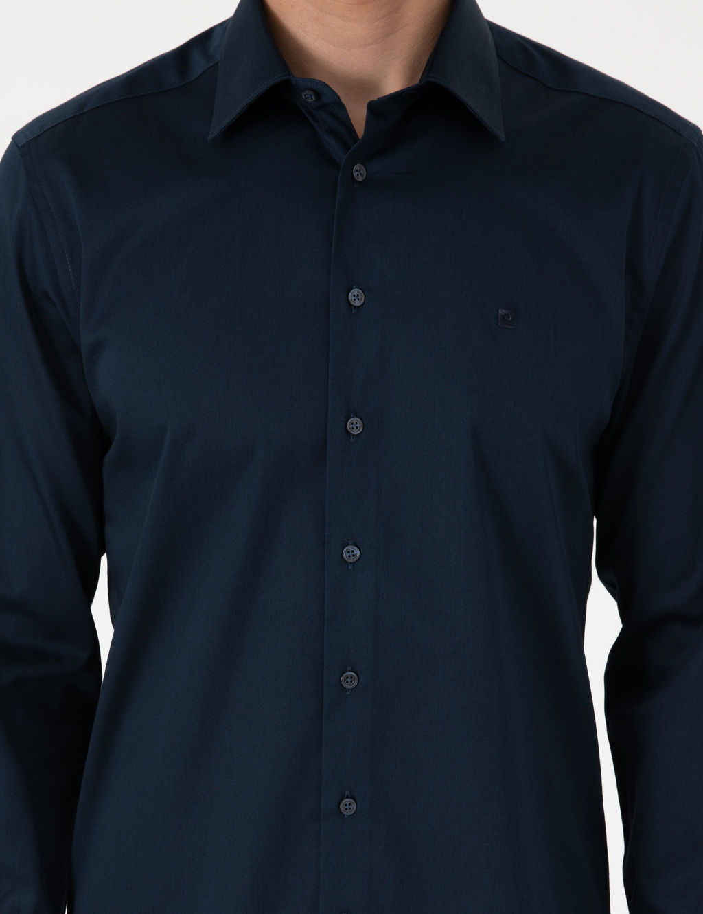 Lacivert %100 Pamuk Parlak Saten Slim Fit Uzun Kollu Basic G_mlek