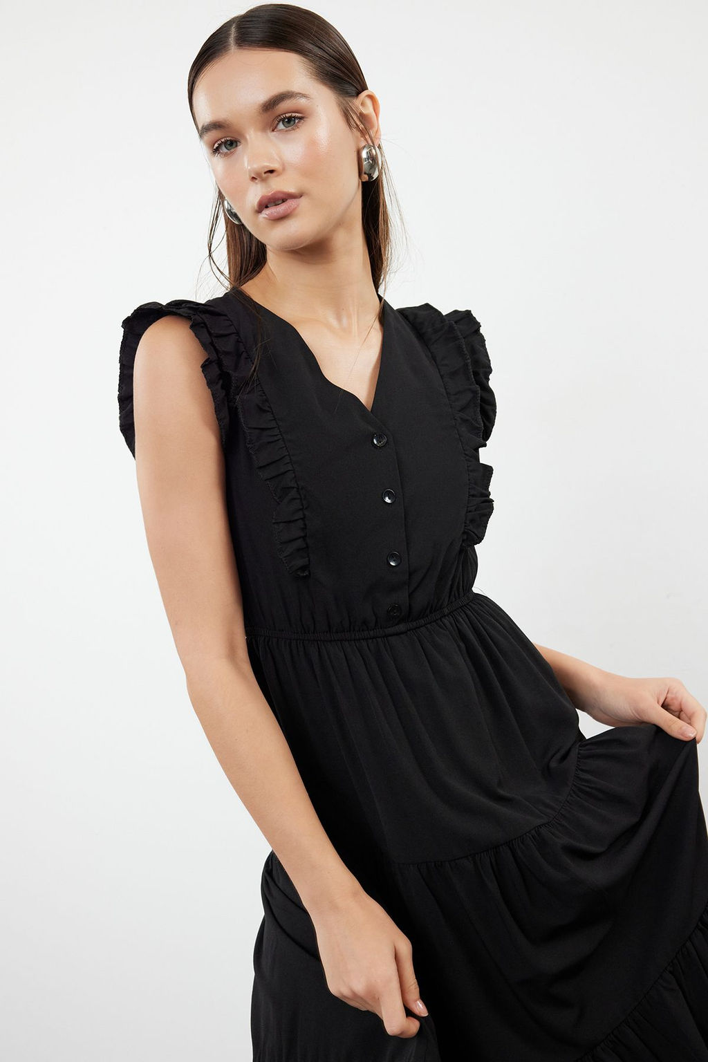 TRENDYOLMILLA Siyah Duz Midi Skater Form F?rf?r Detayl? Dokuma Elbise TWOSS24EL01073  фото 9