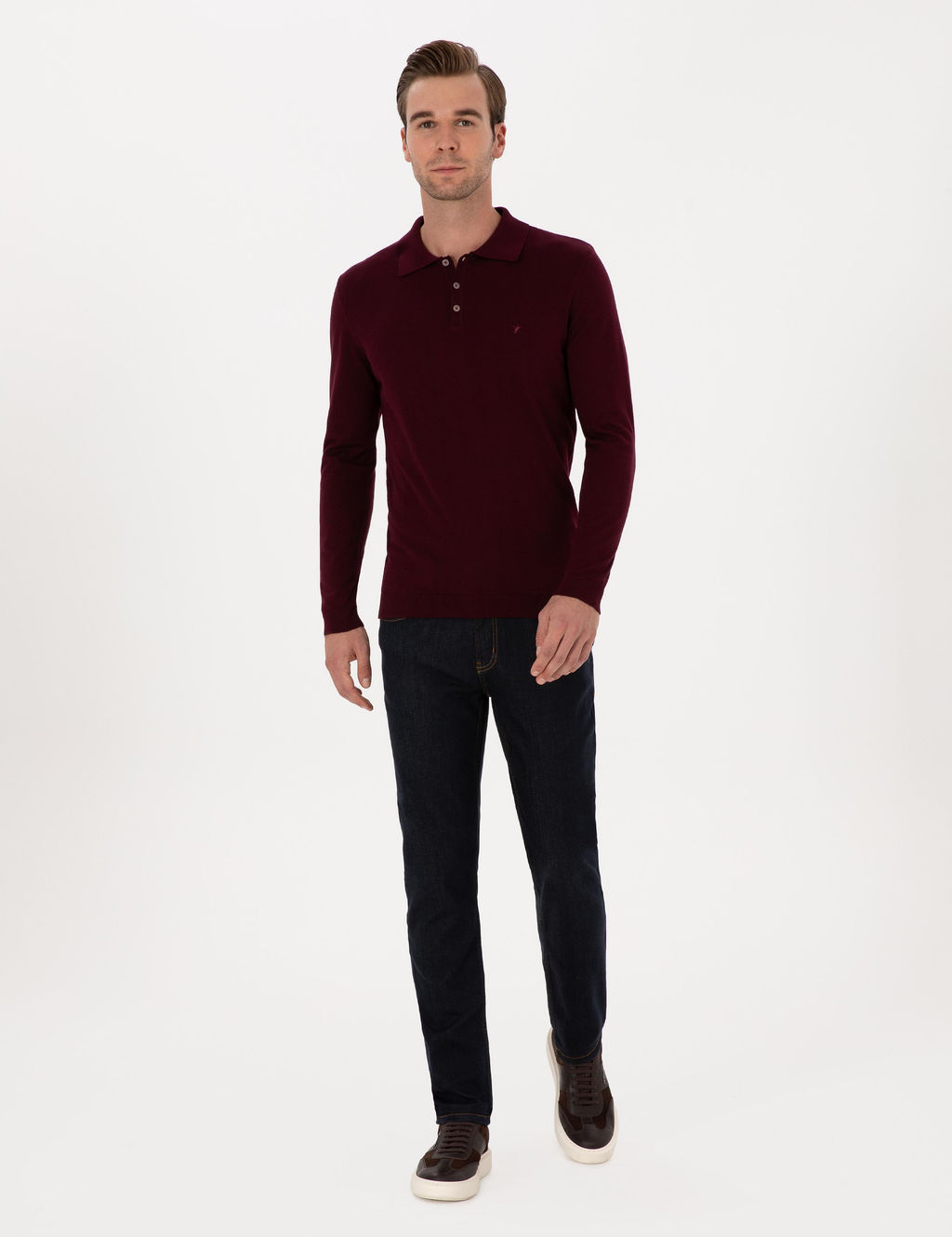 Bordo Slim Fit Regular Fit Pamuk Kar___ml_ Polo Yaka Basic Triko Kazak