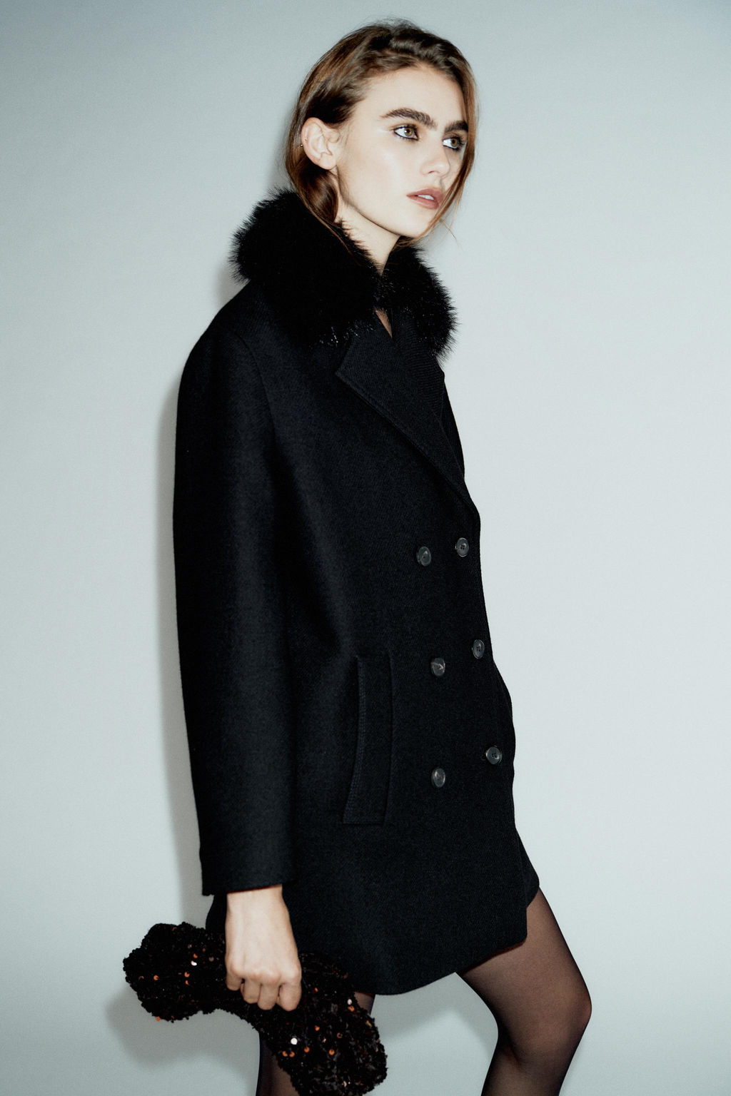 CROPPED WOOL COAT WITH FAUX FUR LAPEL - Zara фото 5